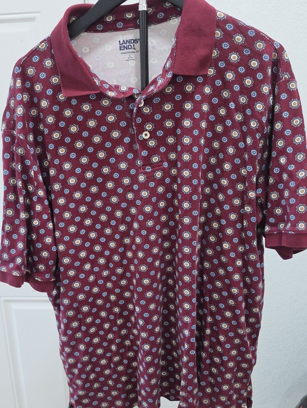 Lands' End Men's Maroon Polo with Small Floral Medallion Print